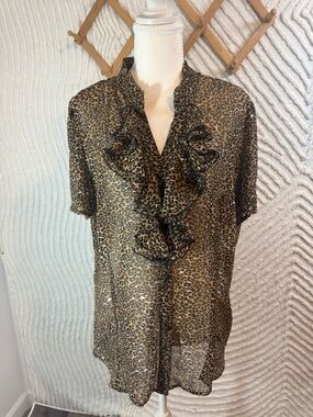 Worthington Leopard Ruffle V-Neck Blouse - Brown/Black